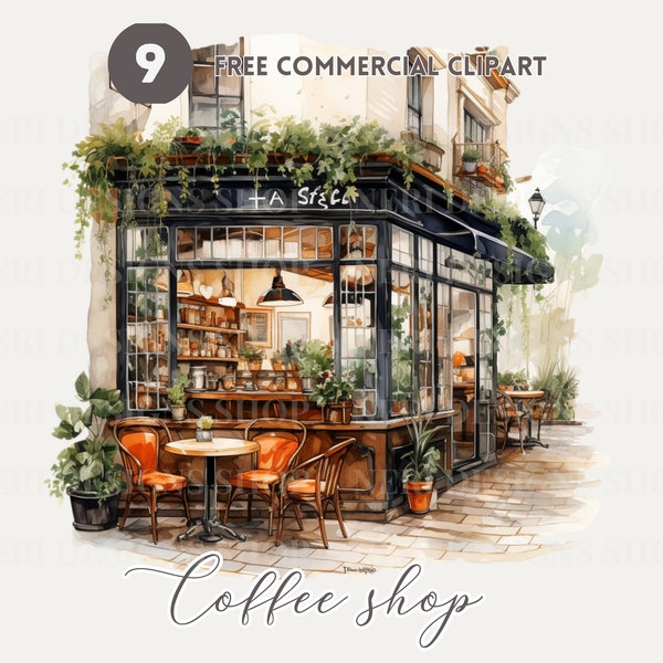 Cafe shop watercolor clipart bundle, Modern Street Cafe Free commercial png, Cafe Setting, urban coffee shop graphic, Outdoor Cafe Scene