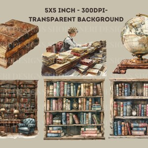 Vintage reading watercolor clipart Classic library Free commercial PNG Librarian, Book lover bookcase old world globe catalog cabinet art zdjęcie 3
