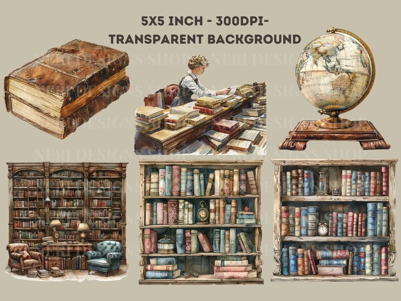 Vintage reading watercolor clipart Classic library Free commercial PNG Librarian, Book lover bookcase old world globe catalog cabinet art zdjęcie 3