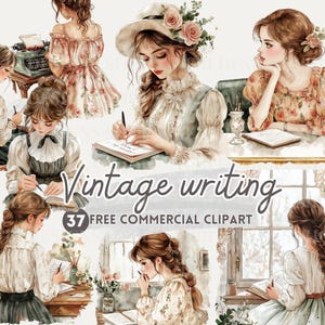 Vintage dame schrijft aquarel clipart, klassiek meisje typt gratis commerciële png, retro typemachine, vintage bureau, literaire sticker