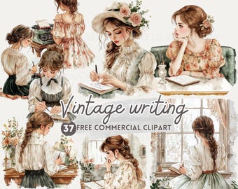 Vintage lady writing watercolor clipart, Classic Girl typing free commercial PNG, retro typewriter, vintage writing desk, Literary Sticker