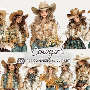 Cowgirl aquarel clipart, Western Beauty gratis commerciële png, vrouwelijke sticker, rustieke cowgirl en lasso, westers plattelandsmeisje te paard
