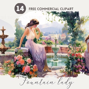dame vintage dans un jardin luxuriant aquarelle clipart bundle, Scène de femme de fontaine classique PNG commercial gratuit, Illustration de fontaine de jardin