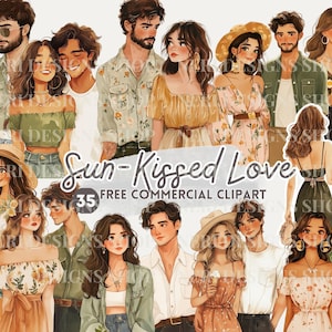 Imágenes prediseñadas de acuarela de pareja casual, romance de verano comercial gratuito PNG, pegatina de amor romántico para planificador, amor tropical, moda de pareja