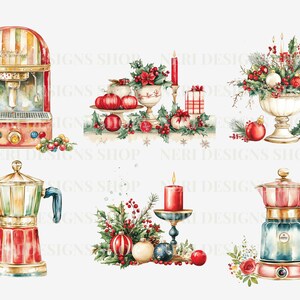 K&ouml;nnte beinhalten: Ein Set aus f&uuml;nf Aquarell-Illustrationen mit weihnachtlichen Motiven. Die Illustrationen zeigen eine rot-wei&szlig; gestreifte Espressomaschine, eine rot-wei&szlig; gestreifte Kaffeekanne, eine rot-wei&szlig; gestreifte Teekanne, einen rot-wei&szlig; gestreiften Kerzenhalter mit einer roten Kerze und eine wei&szlig;e Vase mit roten und wei&szlig;en Beeren und einem rot-wei&szlig; gestreiften Weihnachtsbaumschmuck.