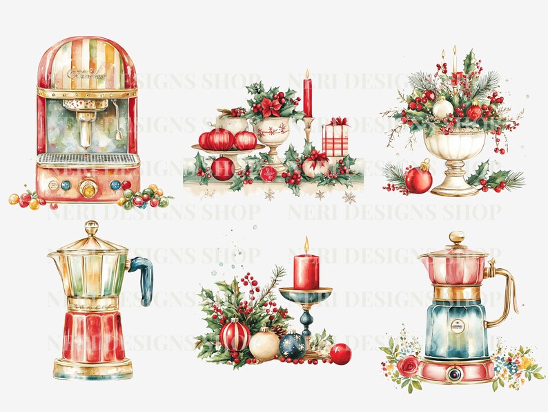 K&ouml;nnte beinhalten: Ein Set aus f&uuml;nf Aquarell-Illustrationen mit weihnachtlichen Motiven. Die Illustrationen zeigen eine rot-wei&szlig; gestreifte Espressomaschine, eine rot-wei&szlig; gestreifte Kaffeekanne, eine rot-wei&szlig; gestreifte Teekanne, einen rot-wei&szlig; gestreiften Kerzenhalter mit einer roten Kerze und eine wei&szlig;e Vase mit roten und wei&szlig;en Beeren und einem rot-wei&szlig; gestreiften Weihnachtsbaumschmuck.