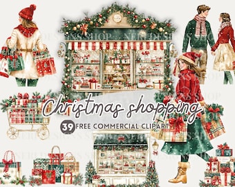 Christmas shopping watercolor clipart, Christmas storefront free commercial PNG, merry shopper, holiday gift shopping cart, shopping bag
