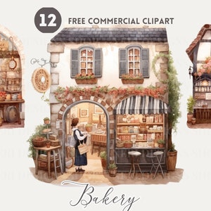 Gezellige bakkerij winkelpui aquarel clipart bundel Gratis commerciële Bakeshop PNG winkelvoorzijde illustratie, Bakwinkel, Patisserie Grafisch