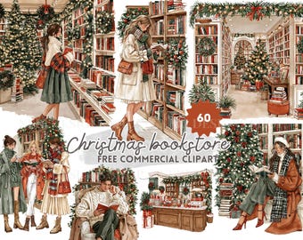 Christmas Bookstore Watercolor Clipart Bundle, Holiday Bookshop, Cozy Reading Scenes, Christmas Books Digital Sticker
