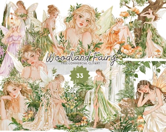 Woodland Fairy Clipart, Watercolor Dreamy Magical Forest Illustrations, Whimsical Fantasy Scenes with Waterfall