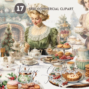 Vintage Navidad fiesta de té acuarela clipart paquete vacaciones pausa para el té Conjunto PNG comercial gratuito Ilustración de la hora del té festivo Té clásico