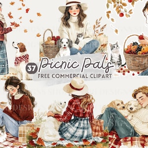 Herbst Picknick mit Haustier Aquarell Clipart, Mädchen und Katze Herbst Szene kostenlose kommerzielle PNG, gemütliches Paar und Hund, Draußen mit Tier Grafik