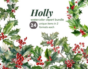 Holly Plant watercolor clipart bundle Holly berry free commercial clipart set Instant Download Birth month flower illustration set