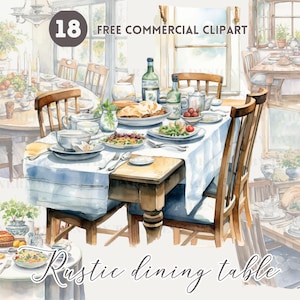 Rustic Dining table with food Watercolor Clipart Bundle Free Commercial Country Dining PNG Rustic Banquet Illustration Vintage Table Setting