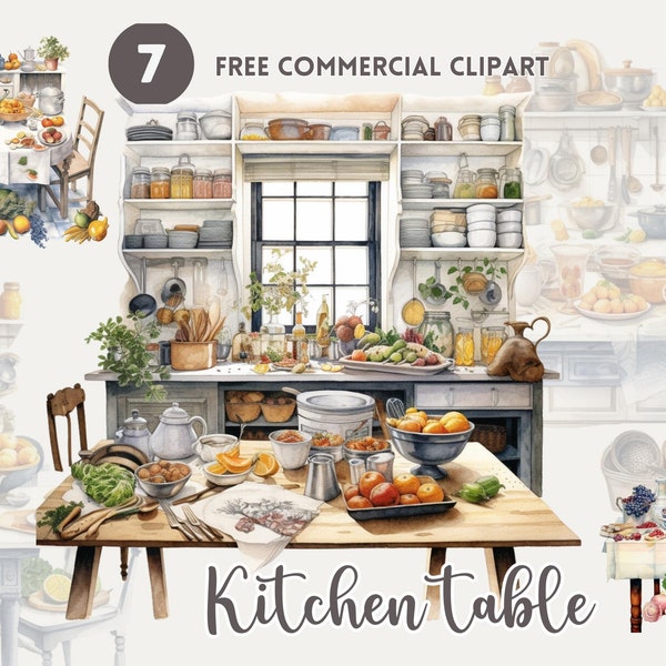 Kitchen table watercolor clipart bundle, Culinary Free Commercial, Cooking Illustration Set, Kitchen scene, Table setting, Home cooking art