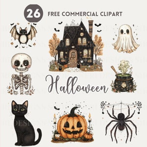 Halloween watercolor clipart, Spooky house free commercial PNG, witch, skeleton, pumpkin, haunter, black cat, cauldron, spider, bat graphic
