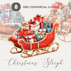 Christmas sleigh Watercolor Clipart Bundle, Present Sleigh Free Commercial, Festive Sleigh and Gift Illustration, Holiday Graphic