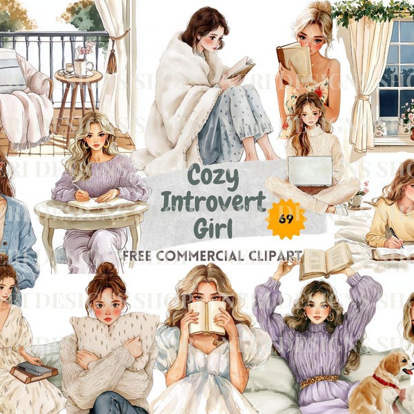 Cozy Reading woman Watercolor Clipart, Introvert Girl journaling, Drinking Coffee, Feminine Home Lifestyle and room Scene for planner