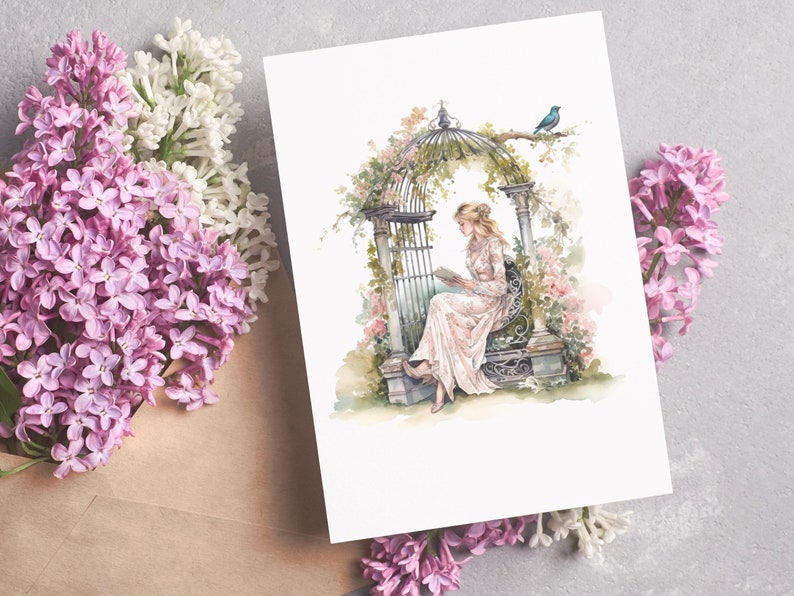 Vintage Outdoor Reading With Bird Watercolor Clipart Bundle Etsy