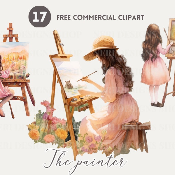 Female painter watercolor clipart bundle, Feminine lady drawing on canvas free commercial PNG, Artistic girl Graphic, Easel stand painting