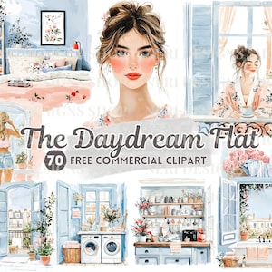 Gezellig appartement aquarel clipart, Parijse flat gratis commercial, vrouwelijke levensstijl, leeshoek, keuken, badkamer, dagboeksticker
