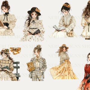 Puede incluir: Un conjunto de pegatinas digitales con ilustraciones de mujeres en diferentes atuendos y poses, algunas sosteniendo libros. Las pegatinas son de estilo acuarela con una est&eacute;tica vintage.