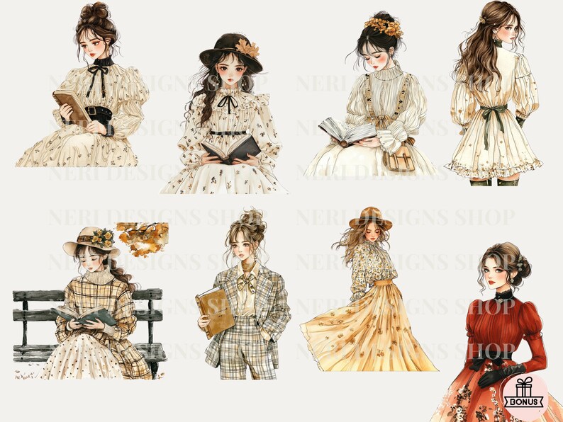 Puede incluir: Un conjunto de pegatinas digitales con ilustraciones de mujeres en diferentes atuendos y poses, algunas sosteniendo libros. Las pegatinas son de estilo acuarela con una est&eacute;tica vintage.