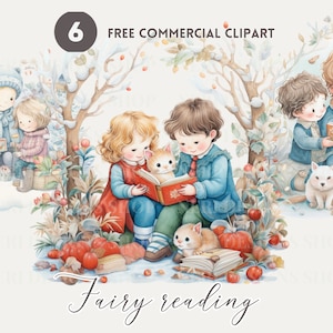 Children reading together watercolor clipart bundle, Cute Outdoor Reading with friend Free commercial PNG set, Storytime reading, book lover