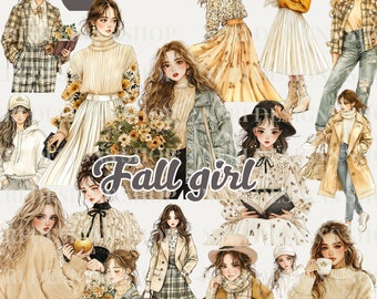 Herfstmode meisje aquarel clipart, herfstgarderobe gratis commerciële png, stijlvolle elegante kleding, herfstjurk vrouwelijke stijl, chique kleding