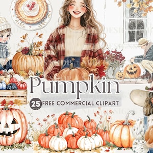 Clipart aquarelle citrouille, fille automne tenant citrouille autocollant de planificateur, citrouille patch gratuit commercial PNG, tarte à la citrouille de Thanksgiving, récolte