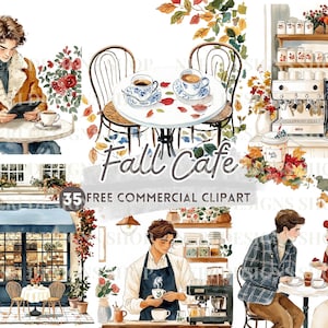 Może przedstawiać: Akwarelowa ilustracja jesiennej sceny w kawiarni. Obraz przedstawia ludzi pijących kawę, stoliki kawiarniane i jesienne liście. Tekst na obrazie brzmi "Fall Cafe" i "35 FREE COMMERCIAL CLIPART".