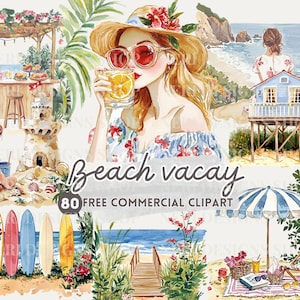 Strandleben Aquarell Clipart, Tropischer Sommer kostenlos kommerzielle PNG, Reise-Aufkleber für Journal, Seaside Escape, Illustration zum Thema Urlaub
