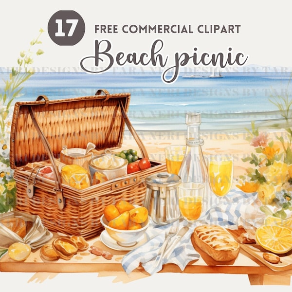 Beach picnic Watercolor Clipart Bundle, Free Commercial Picnic baskets on shore PNG, Table setting on Blue coastal illustration