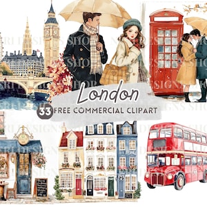 Paisagem de Londres em aquarela, PNG comercial grátis do Big Ben, casa geminada, ônibus de dois andares, adesivo de cabine telefônica, romance urbano britânico
