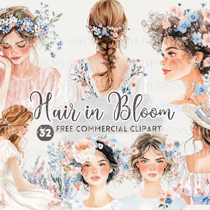 Vrouw met bloemenkapsel aquarel clipart, botanisch meisje gratis commerciële png, bloem in haar, vrouwelijke sticker voor dagboek, bloemkroon