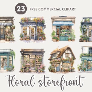 Floral storefront watercolor clipart bundle, Floral Street shop PNG illustration, Flower Store Facade Free commercial set