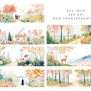 Op de afbeelding: Waterverf landschapskunst met herfsttaferelen met bomen, paden en een huis. Het kunstwerk bevat een wandelend stel, een hert en een persoon met een wandelstok. De tekst "6X2 INCH 300 DPI NON TRANSPARENT JPG" is ook aanwezig.