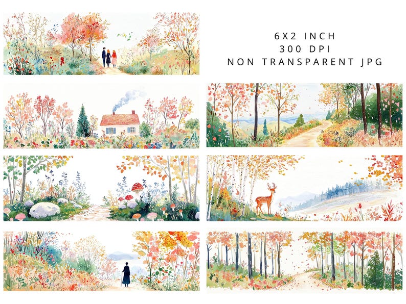 Op de afbeelding: Waterverf landschapskunst met herfsttaferelen met bomen, paden en een huis. Het kunstwerk bevat een wandelend stel, een hert en een persoon met een wandelstok. De tekst "6X2 INCH 300 DPI NON TRANSPARENT JPG" is ook aanwezig.