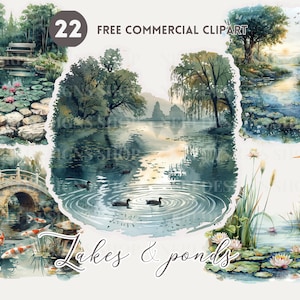 Tranquil Lake aquarel clipartbundel, serene tuinvijver en eendscène gratis commerciële png-set, scène aan het water, tropisch meerafbeelding