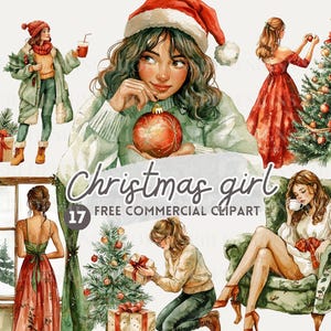 Kerstvrouw aquarel clipart, zwarte meid, kerstboom gratis commerciële png, dame bij winterraam, geniet van vakantiedrankje digitale afbeelding