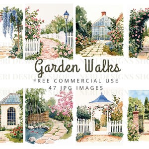 Cena de jardim aquarela clipart, Caminho floral, Estufa comercial grátis JPG, Arco de jardim e lagoa, Pérgola, Portão de jardim illus para diário