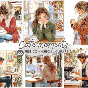 Puede incluir: Ilustraciones en acuarela que representan escenas de café. Las imágenes muestran a personas disfrutando de café, trabajando en computadoras portátiles y relajándose. El texto "Cafe moments" y "26 FREE COMMERCIAL CLIPART" están incluidos.