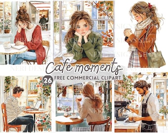 May include: Watercolor illustrations depicting cafe scenes. The images show people enjoying coffee, working on laptops, and relaxing. The text "Cafe moments" and "26 FREE COMMERCIAL CLIPART" are included.