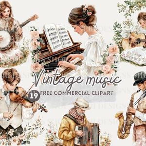 Vintage piano dame aquarel clipart, retro vrouw harp spelen gratis commerciële png, klassieke muziek, man speelt viool, banjo, gitaar saxofoon