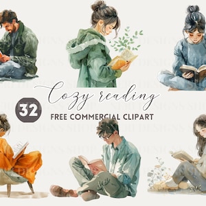 Acogedor paquete de imágenes prediseñadas de acuarela de chica de lectura, hombre de lectura PNG comercial gratuito, mujer joven leyendo Ilustración lindo amante de los libros, arte de ratón de biblioteca