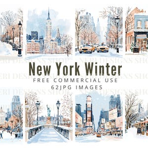 Paisagem urbana de inverno aquarela clipart, comercial gratuito de Natal em Nova York para diário, feriado na cidade, praça do tempo festiva, casa geminada com neve