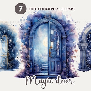 Magical, starry door watercolor clipart bundle, Enchanted portal Free commercial PNG set, magical, mystical entrance, fantasy illustration