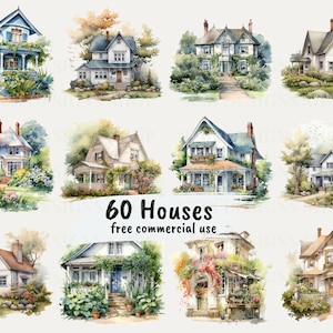 Pacchetto clipart PNG dell'acquerello della casa di campagna, pubblicità gratuita del cottage, grafica della casa vintage, casa rustica, casa sulla spiaggia, arte della casa a schiera