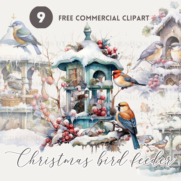 Christmas Bird Feeder Watercolor Clipart Bundle, Winter garden Free Commercial PNG, Holly Berry Decor Illustration, Snowy Bird Graphic