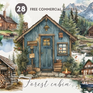 Paquete de imágenes prediseñadas de acuarela de cabaña rústica del bosque, conjunto PNG comercial gratuito Serene Woodland Lodge, acogedora cabaña de montaña, cobertizo de almacenamiento de madera